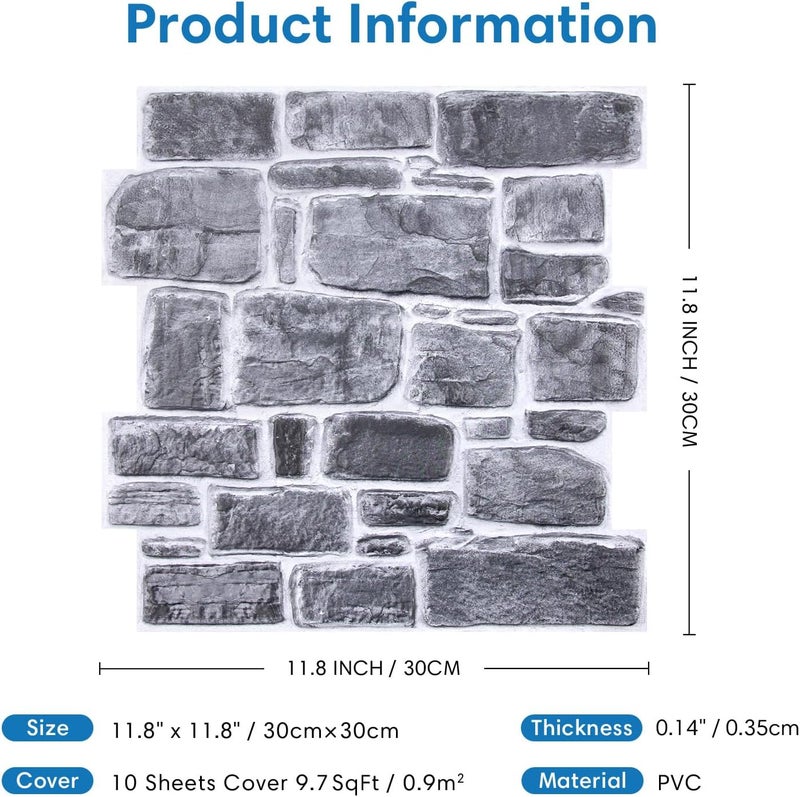 COMSTICKC 3D Faux Stone Wall Panel Peel and Stick Wall Tiles, 10 Pcs of 12"X12", Ultra-Light Thin PVC Rock Adhesive Fake Stone Paneling Backsplash Interior Decor (Gray Rock) - Image 4